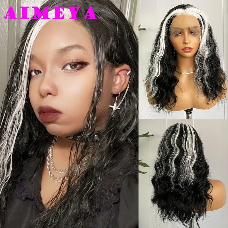 

AIMEYA Black Wig White Highlights Lace Front Wig Mix Color Short Wave Bob Wig Synthetic Hair Natural Hairline 13x4 Lace Wigs
