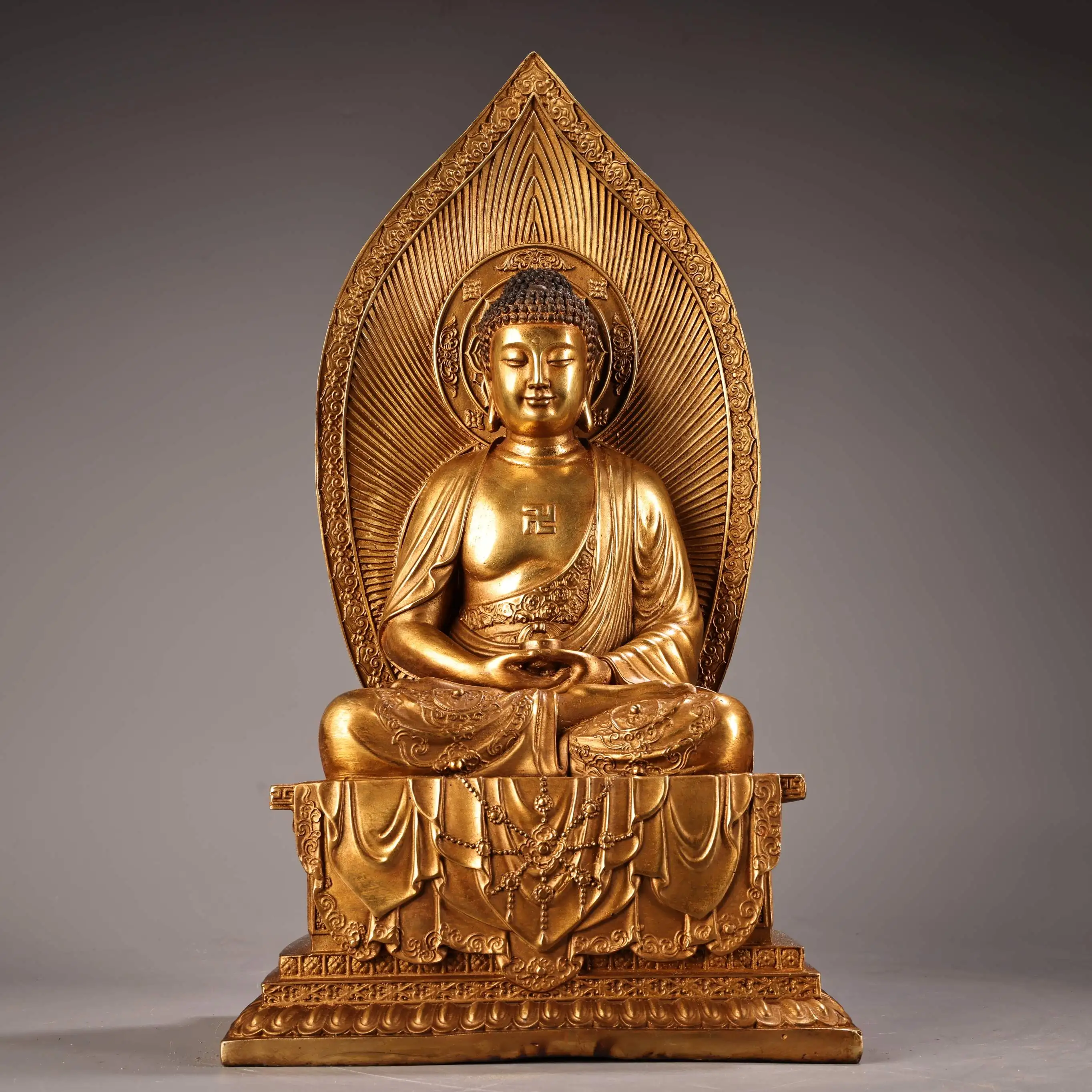 Tibet Folk Tibet Folk Old Bronze Gilded High Relief Amitabha Shakyamuni Buddha Platform Sitting Buddha Worship Hall Town house