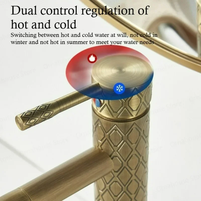 

Antique Carved Brass Bathroom Faucet Hot & Cold Deck Mounted Sink Mixer Tap with Basin for Lavatory