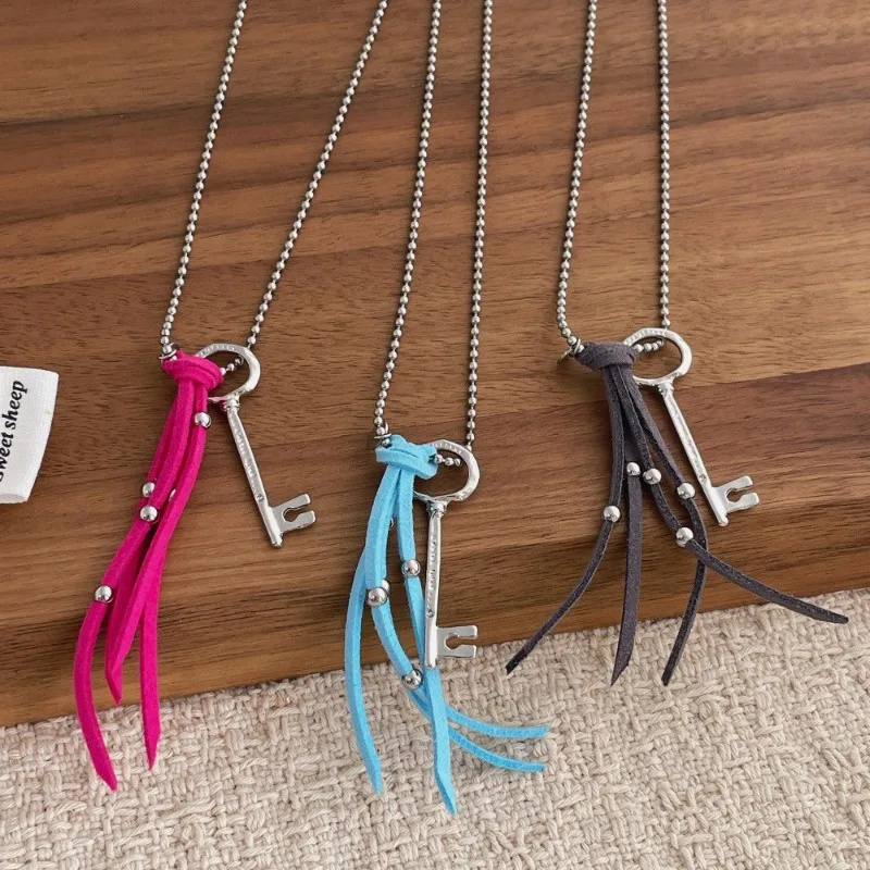 

Minar Creative Rose Red Gray Blue PU Leather Tassel Key Pendant Necklaces for Women Long Adjustable Beads Sweater Chain Choker