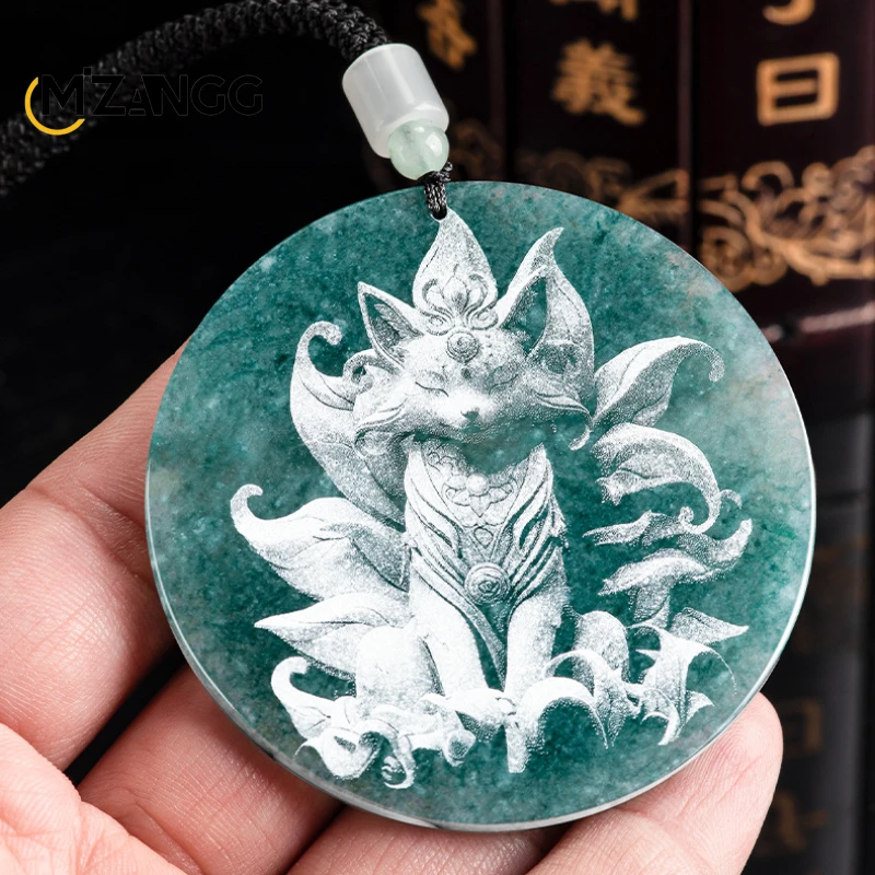 Natural Jadeite Blue Water Nine-tail Fox Pendant Shadow Carving Dragon collana di giada da uomo e da donna gioielli squisiti personalizzati