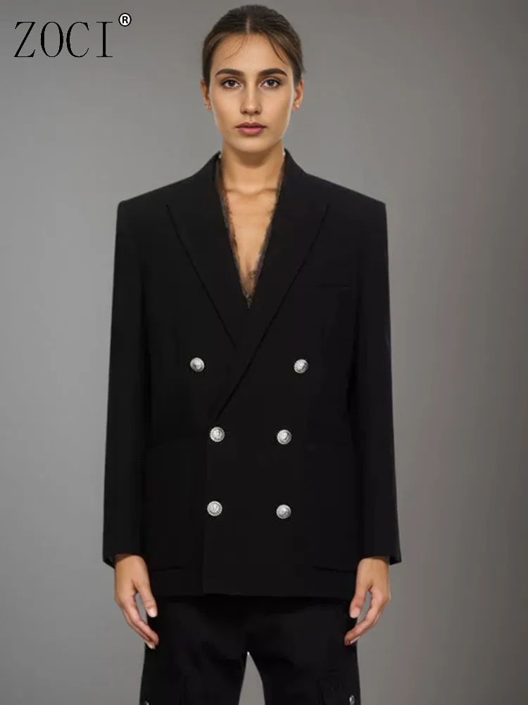 

ZOCI Fashion Black Silhouette Suit Jacket Women's Notched Collar Loose Double Breasted Long Sleeves Simple Blazer New TideFC1509