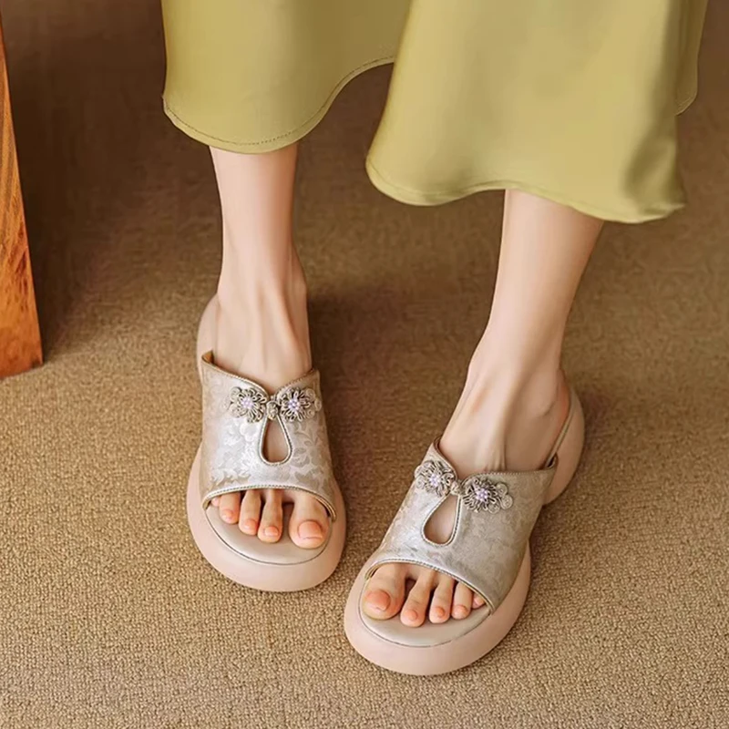 

Women's Genuine Leather Shoes House Slippers Platform Square heel Heeled Mules Slides Summer Block High Women's Genuine Leather