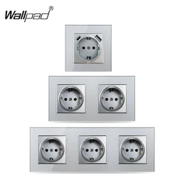 EU Socket with 2 USB Type A C Wallpad Silver Grey Crystal Glass 220V AC 16A German Russia Grey Electrical Power Wall Socket