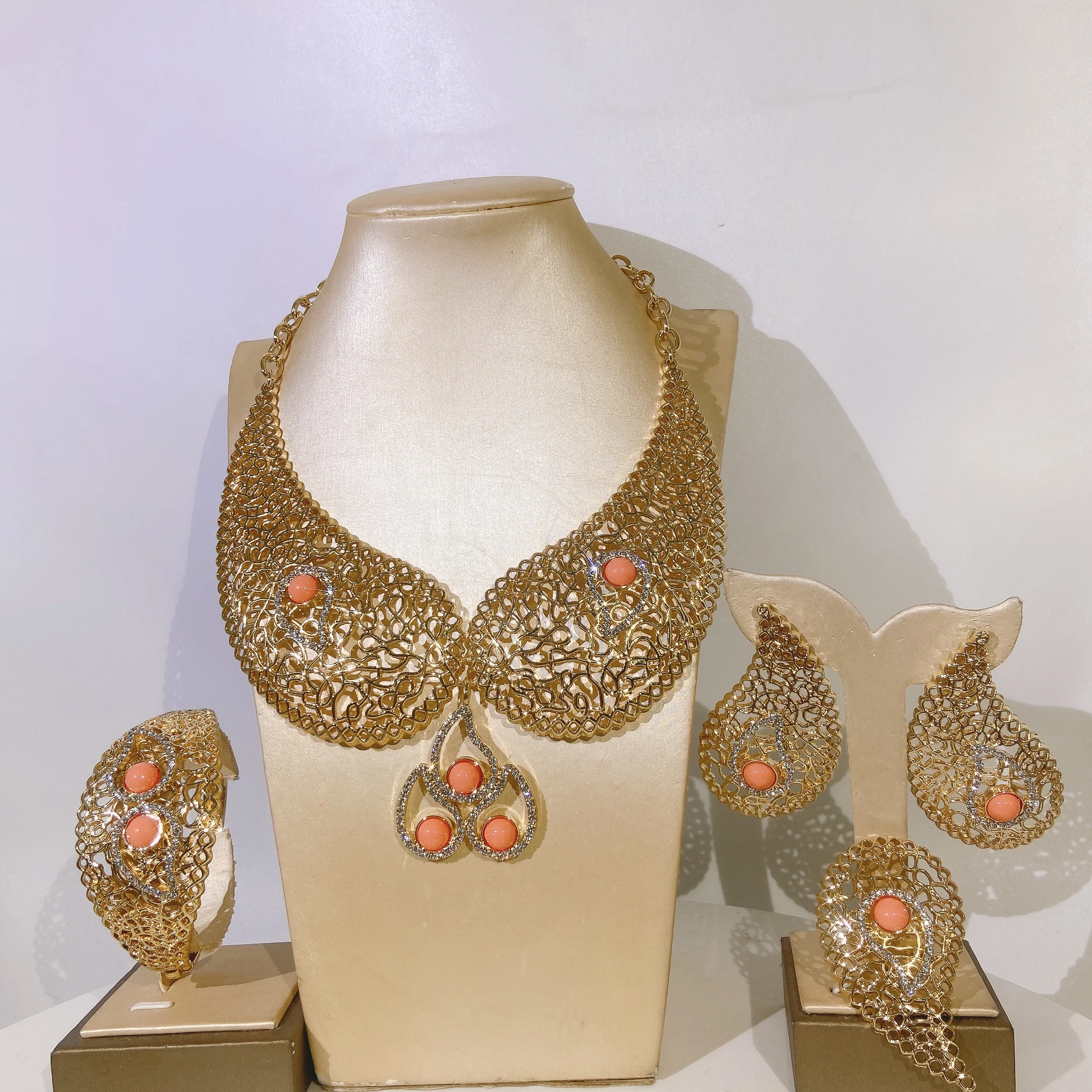 Big Style Orang beads Necklace Earrings Bangle Ring Women's Jewelry Set Non Tarnish