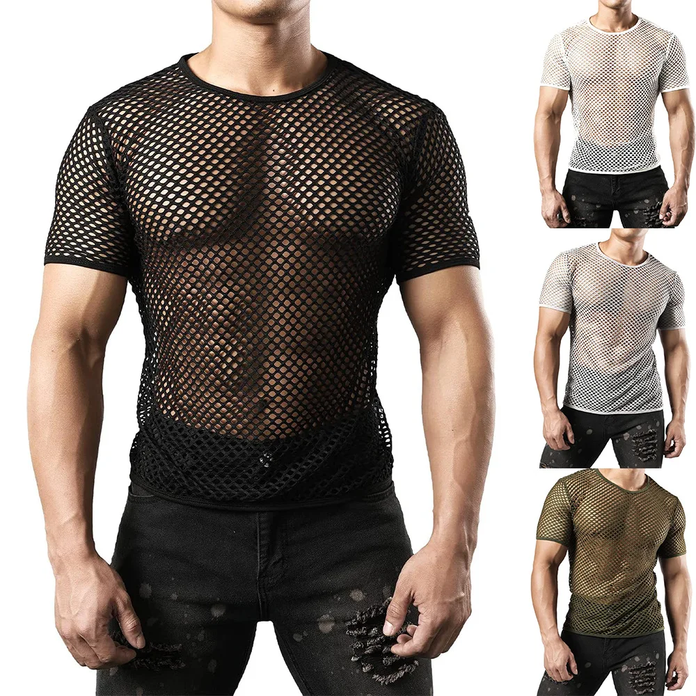 Fashion Summer Mens Short Sleeve Sunscreen Solid Color Crew Neck Hollow Breathable Knitted Sweater Men Top