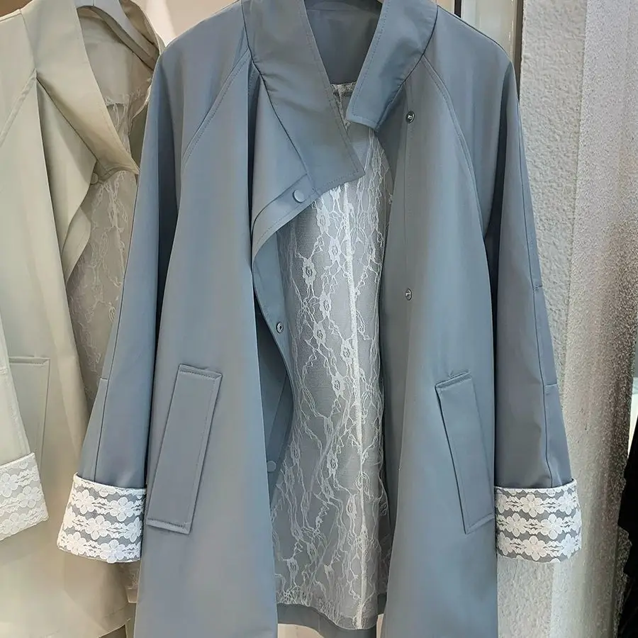 

SuperAen Lace Patchwork Long-sleeved Patchwork Stand Collar Mid-length Trench Spring and Autumn Loose Waist Design Casual Coats