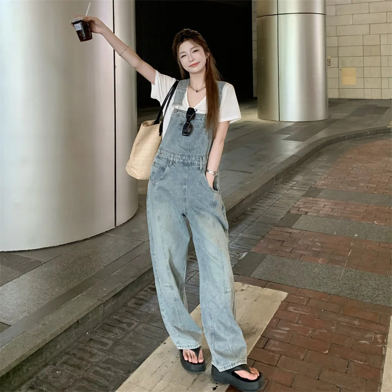 Real Shot Real Price Light Color Retro Denim Overalls for Women, Autumn High Waist Loose Slimming Age-Reducing Wide Leg Jumpsuit