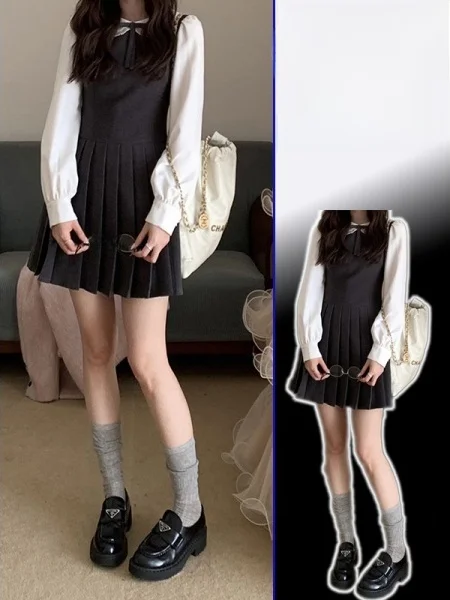 

plus Size Faionable Long Sve Poodle Collar Design Dr with Pleated ort Skirt Fake Two-Piece Design High Waist A-Line...