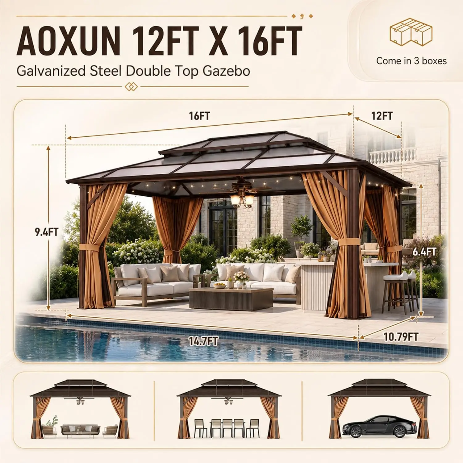 12'x16' Outdoor Gazebo with Double Polycarbonate Roof Brown | Hardtop Metal Gazebo with Mosquito Netting and, Customized