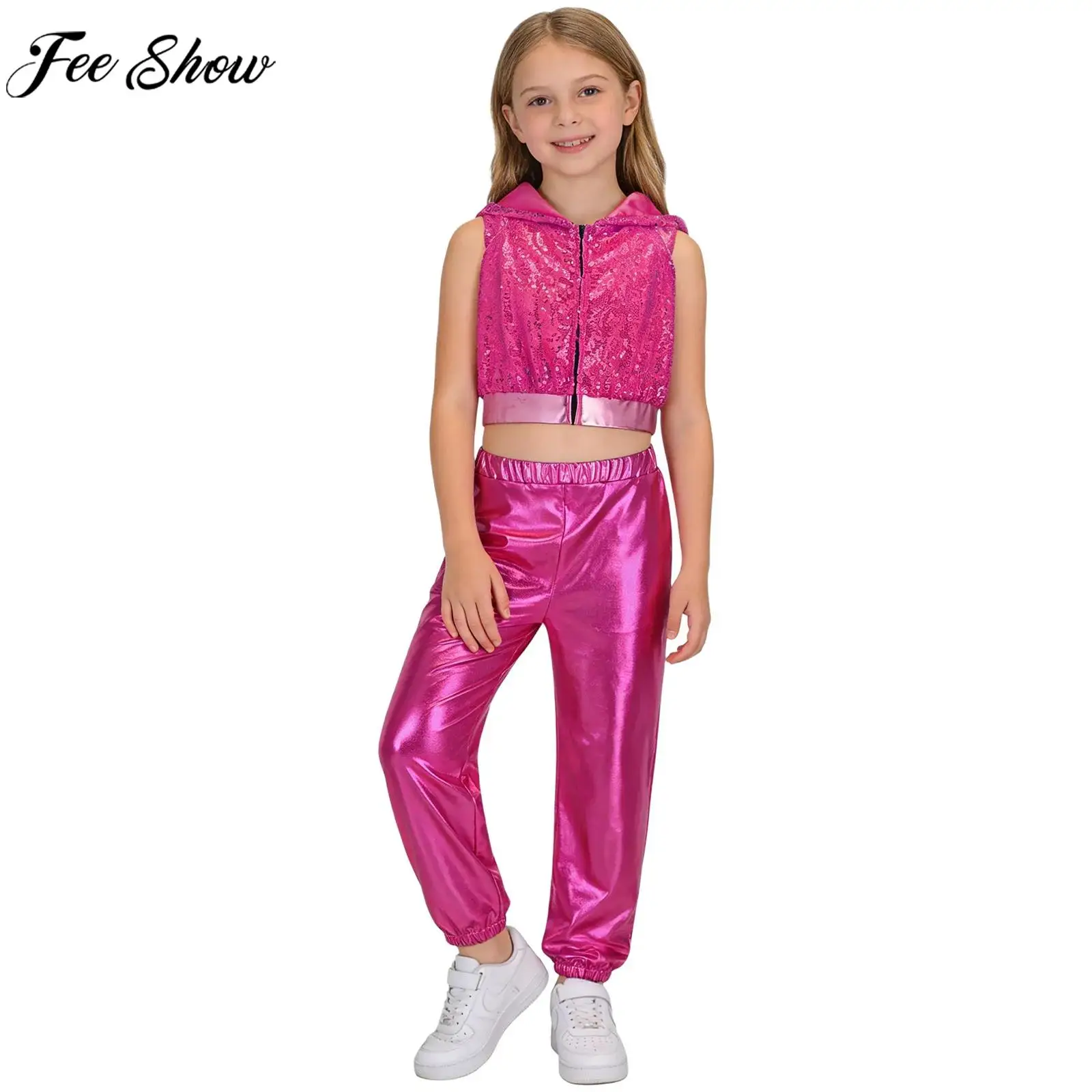 

Детский модный наряд для уличных танцев в стиле хип-хоп, джаз, укороченный жилет без рукавов с блестками и открытой спиной на молнии с капюшоном, топ с металлическими брюками