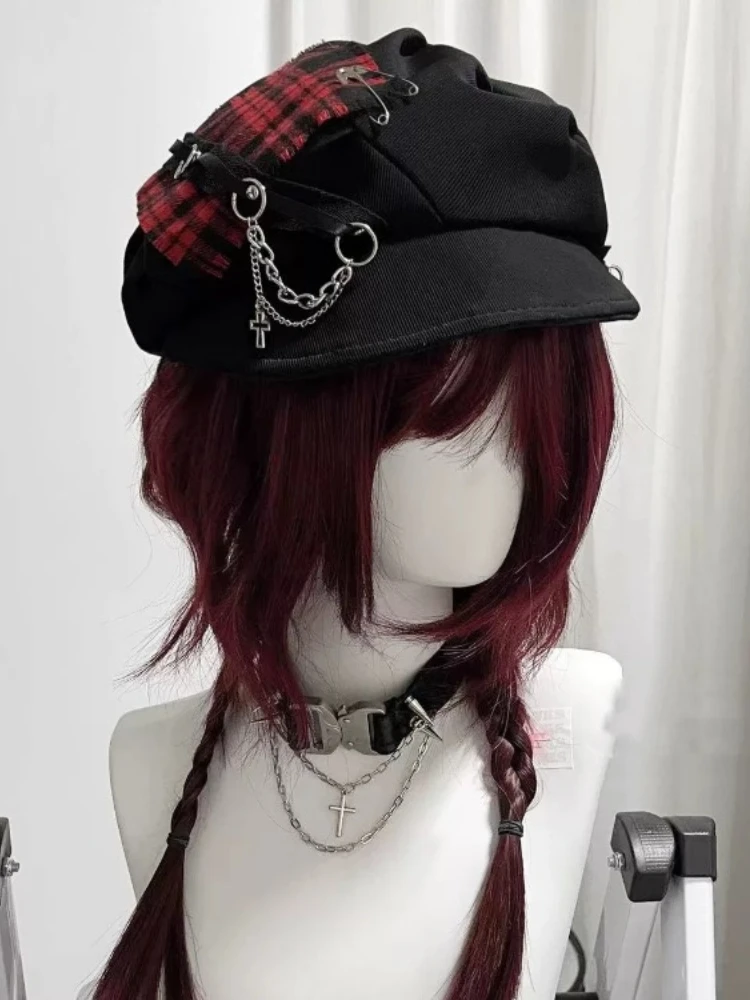 Vintage Punk Gothic Y2k Bucket Hat Harajuku Cross Chain Plaid Patchwork Women Hats Japanese Streetwear Lolita Caps Chapeau Femme