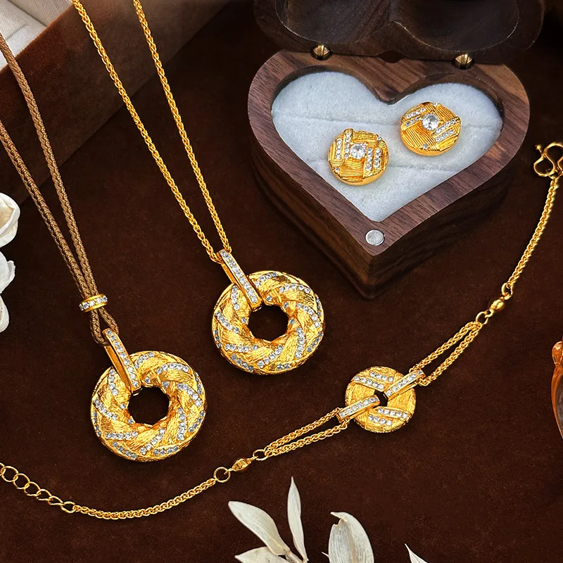 

Light Luxury Design 9999 24K Real Gold Gilded Gold-dotted Diamonds Safety Buckle Donut Pendant Necklace Earrings for Best Friend