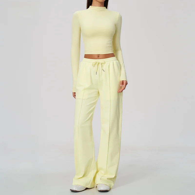 Women High Neck 2 Piece Yoga Sports Suit Slim Fit Long Sleeve Crop Top Loose Wide Leg Sweatpants With Pockets Daily Wear