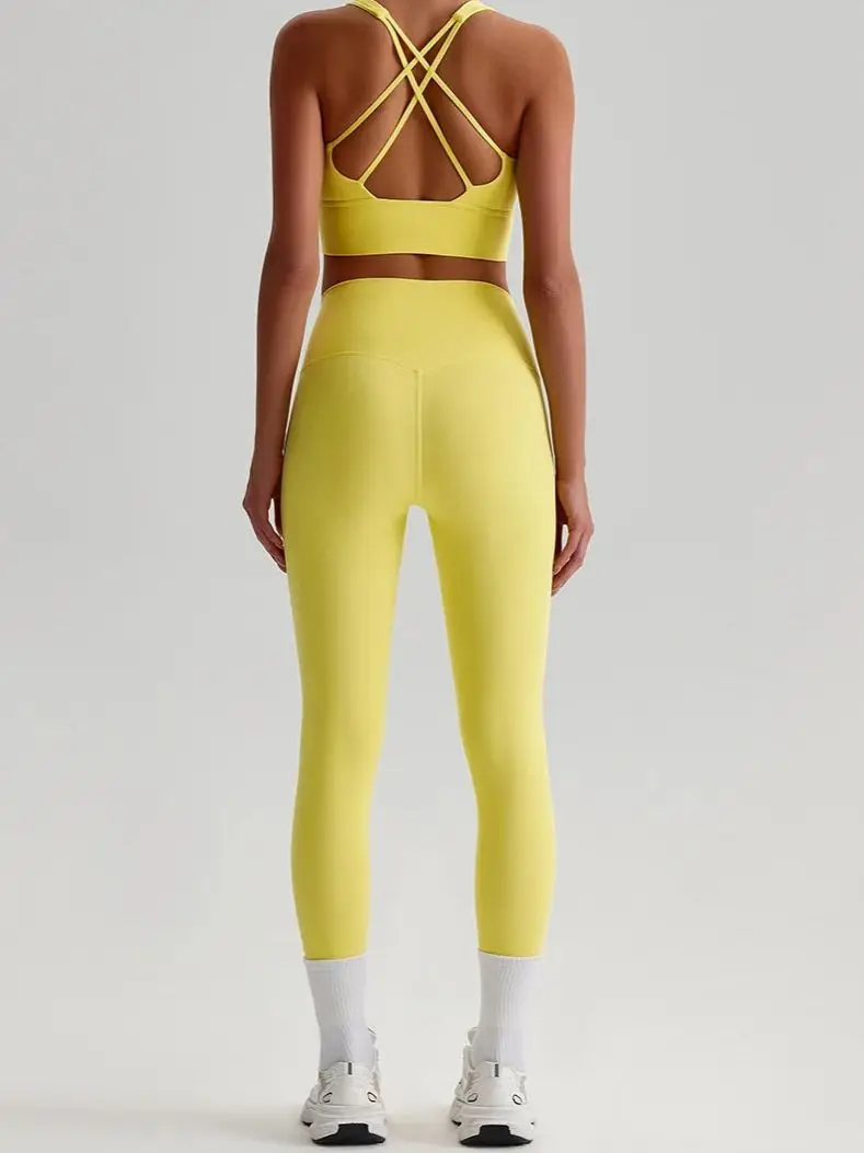 Jednobarevná posilovna Jóga Set Tight Leggings Sportovní Fitness Cross Bra Top 2ks Měkký sportovní oblek Cvičení Trénink Pro Ženy Sportovní oblečení - náhled 6