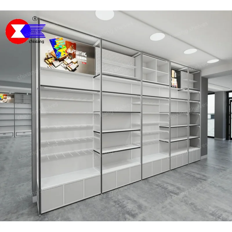 custom.Modern Luxury White Light-duty Steel Wood Supermarket Display Shelves Advertising Boutique Racks Single-Sided Quick Insta