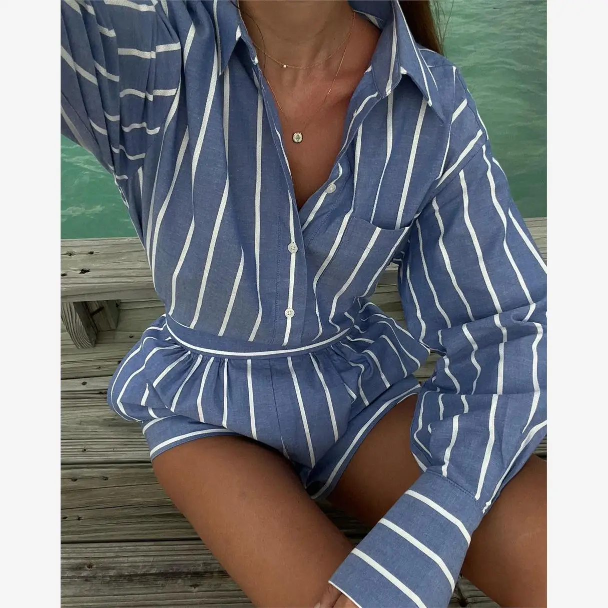 طقم نسائي من قطعتين قميص وشورت قطني مريح وأنيق مجموعة الربيع مزيج قطني عالي الجودة #1