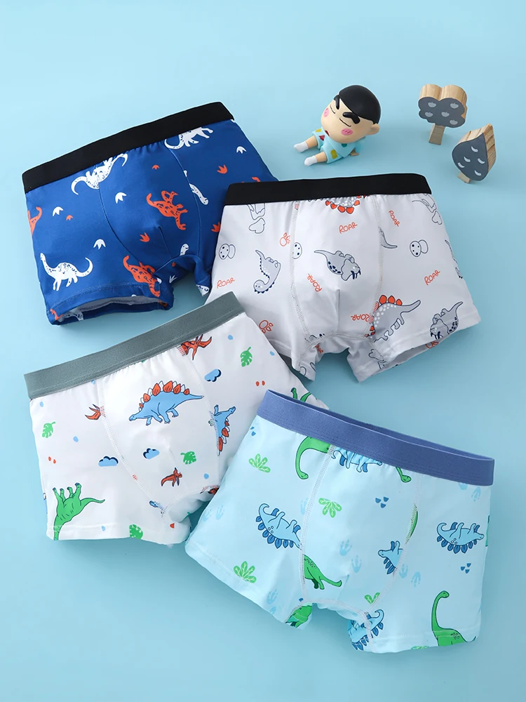 4pcs Boys' Teenage Knitted Dinosaur Print Boxer Shorts Comfortable Skin-Friendly Fabric Suitable for All Seasons Non-Catching