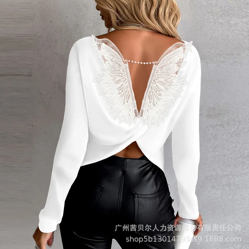 Spring Summer New Women\'s Solid Color Backless Chain Round Neck Long Sleeve Woolen Top Blouse