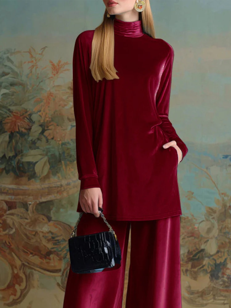 

Elegant Turtleneck Long Sleeve Tops & Pant Suits Women Casual Long Sleeve Loose Sport Outfits Fashion Pocket Draped Velvet Sets
