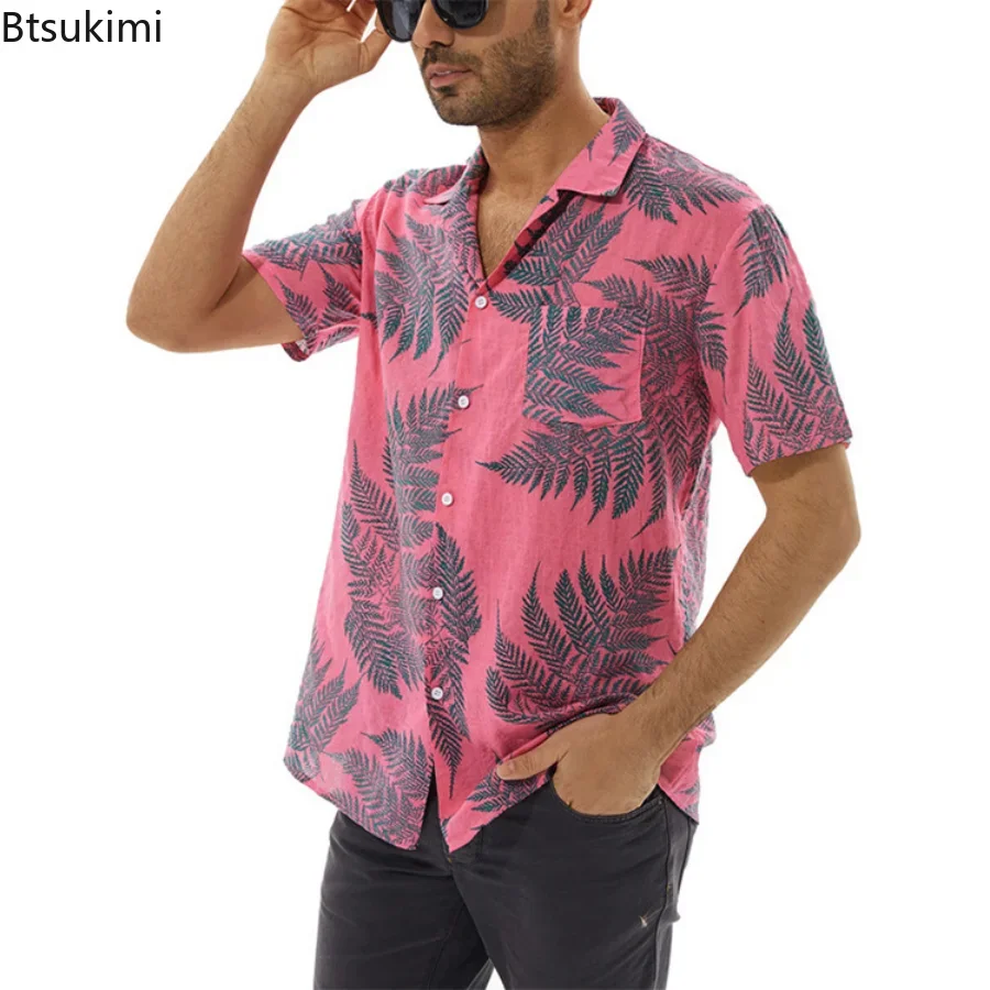 Camisas soltas de manga curta estampado em folha masculino, roupas de férias masculinas, Tops, moda praia, verão, novo, 2024