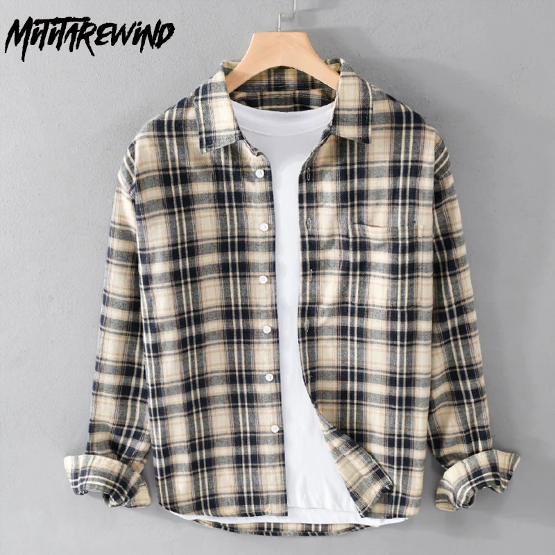 

England Plaid Shirts Men Daily Causal Full Sleeve Tops Turn Down Collar 100% Cotton Brushed Shirt Simple Fashion Men's Shirts