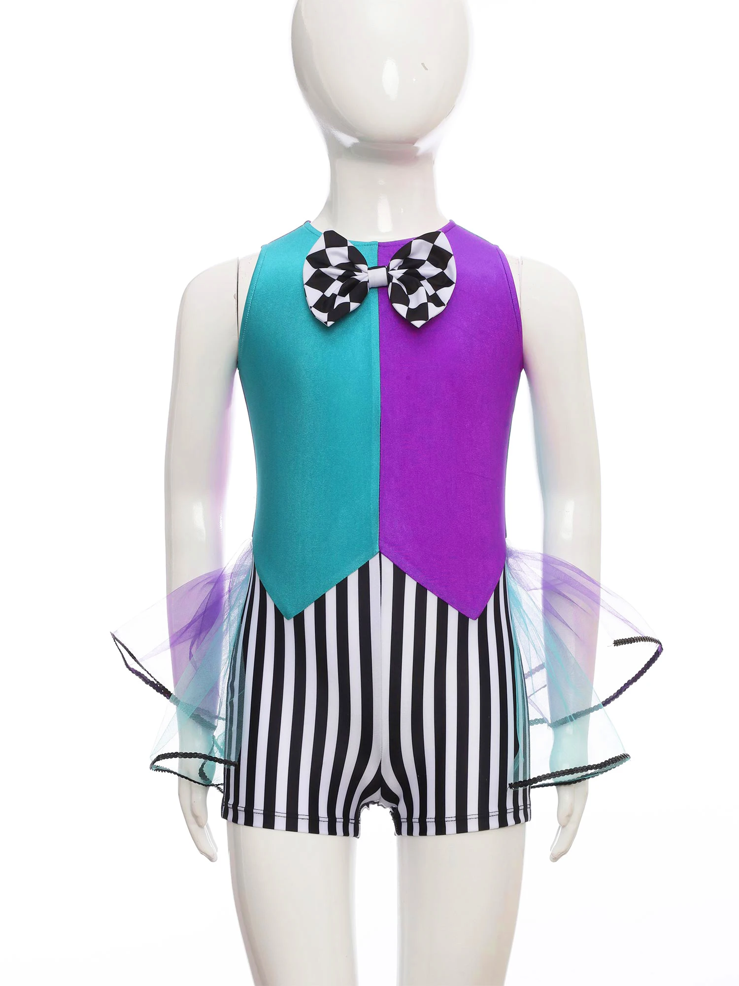 

Kids Girl Mad Hatter Costume Fairytale Tea Party Dress Sleeveless Stripes Checkerboard Bow Knot Tutu Bodysuit Hatter Dress