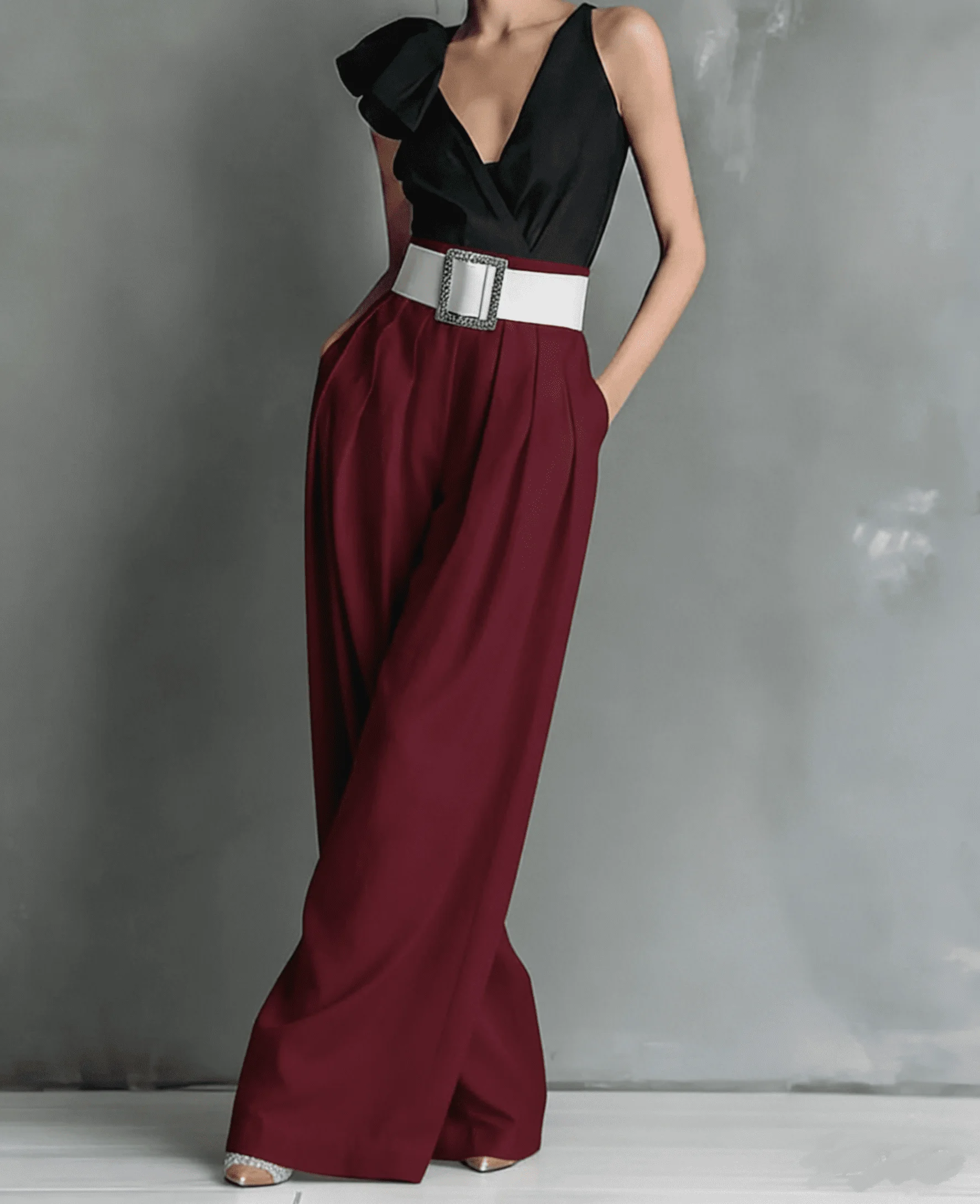 Damen High-Waist Weite Hosen mit Quadratischem Schnallenverschluss, Plissierte Lose Lange Hosen für Büro, Abend und Party – Detail 3