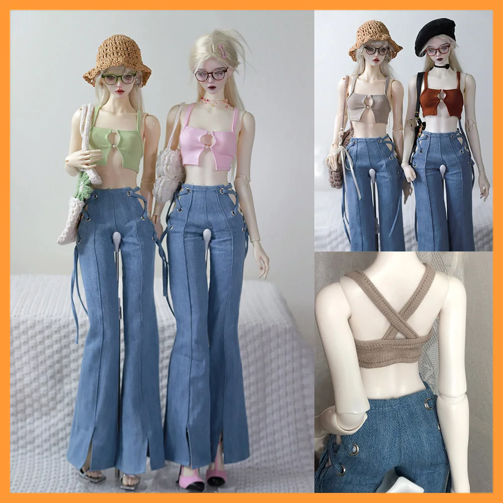 

1/4 1/3 Scale BJG Dolls Clothes Cross Camisole Vest Tight Low Waisted Lace Up Jeans Denim Flare Bottoms Model ﻿
