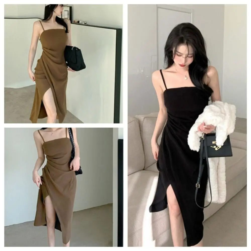 Slim-fit Mid-length Hip Wrap Dress Waist Pleated Mid-length Slim-fit Slit Dress Skirts High Slit Dress for Women Women