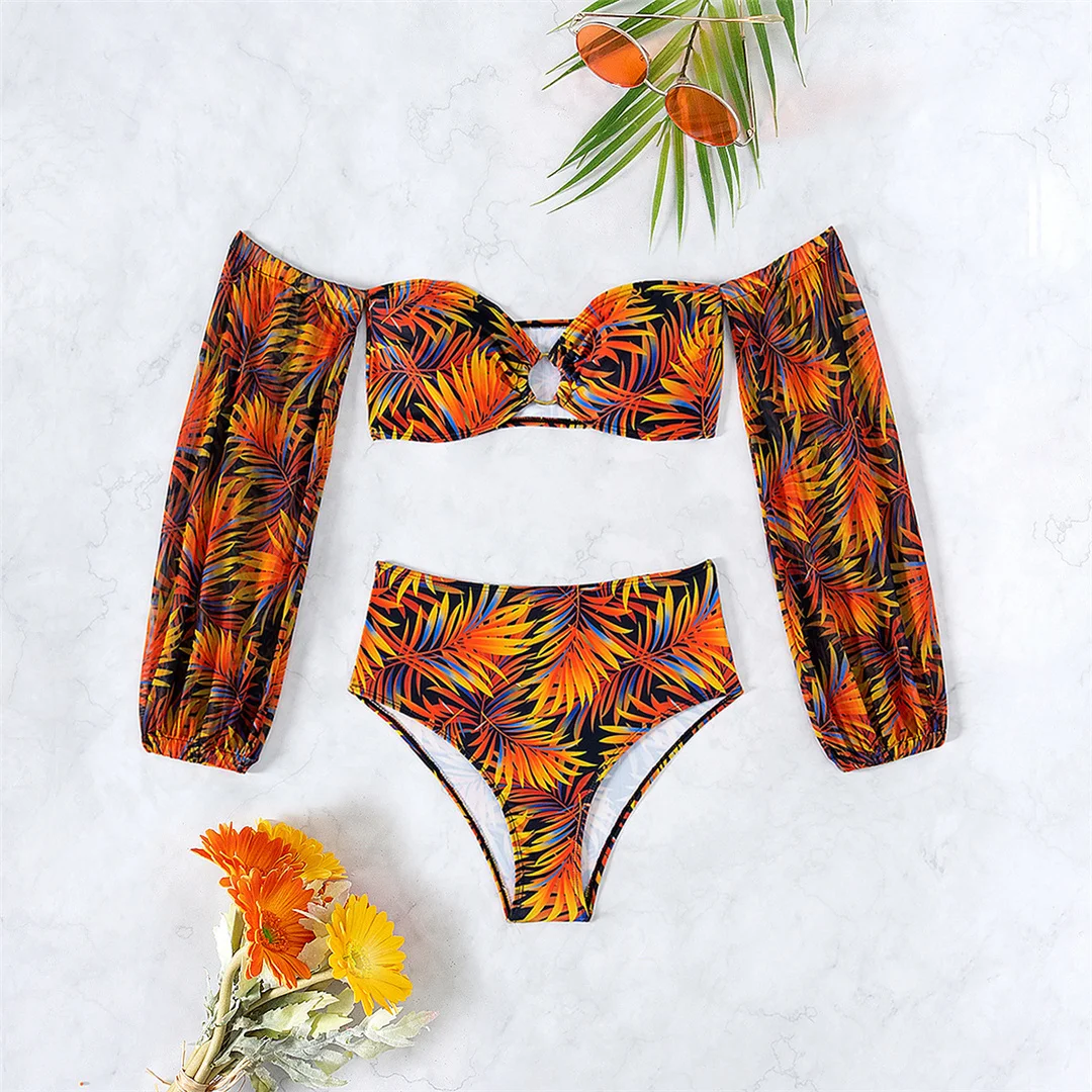 S - XL, bedruckter, langärmliger Bikini mit hoher Taille, Damen-Badeanzug, zweiteiliges Bikini-Set, Badebekleidung, Badeanzug, Modell V6920. – Detail 2