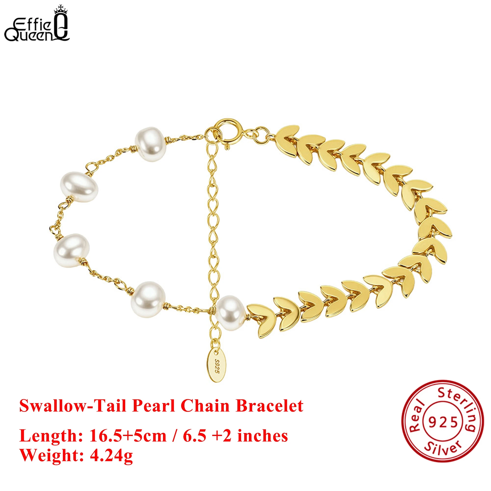

EFFIE QUEEN 925 Solid Sterling Silver 14k Gold Round Freshwater Pearl Chain Bracelet Swallow-Tail Style Bracelet for Party GPB45