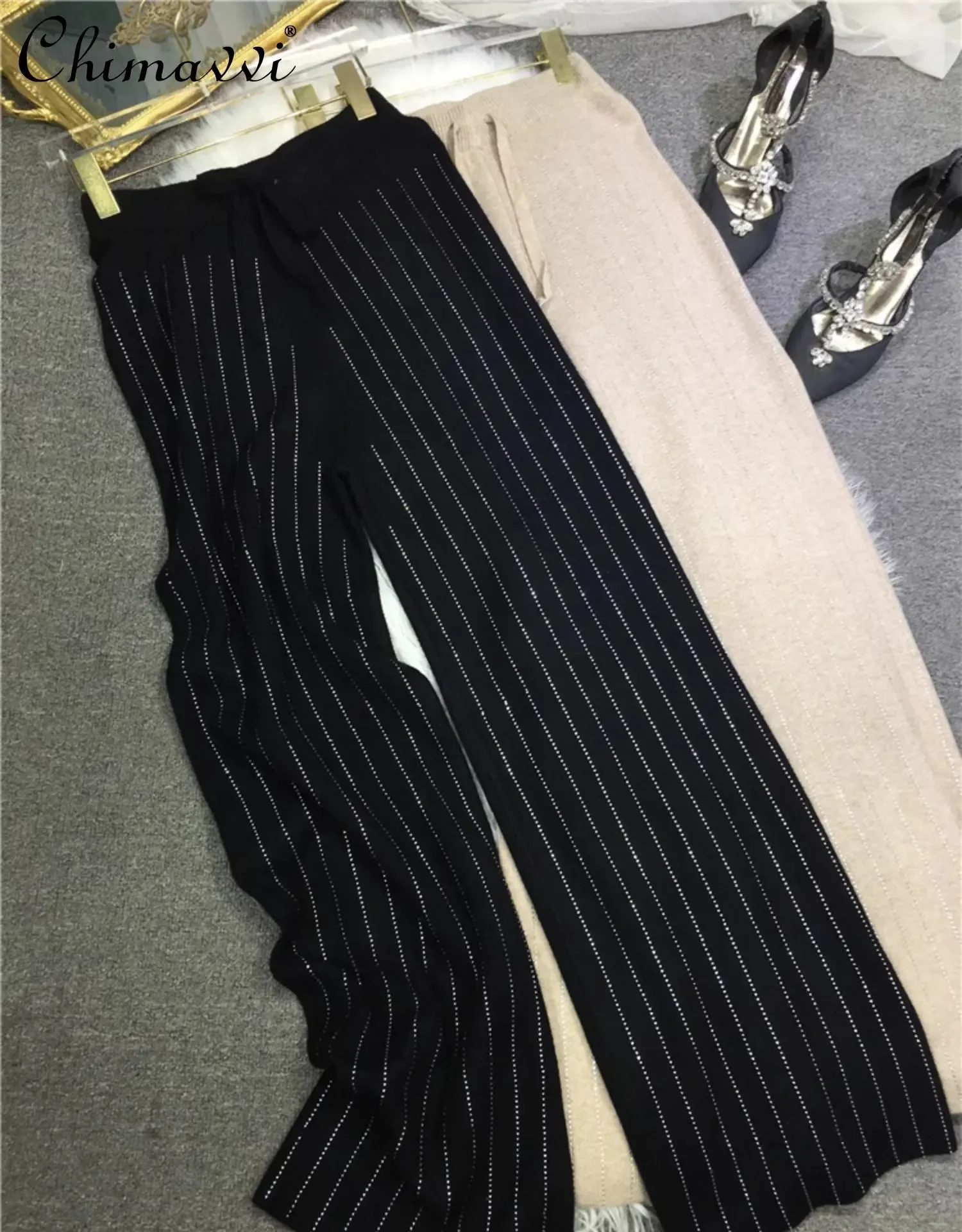 European Hot Diamond Pants Thickened Knitted Wool Pants Autumn and Winter New Fashion Soft Waxy White Long Straight-leg Pants