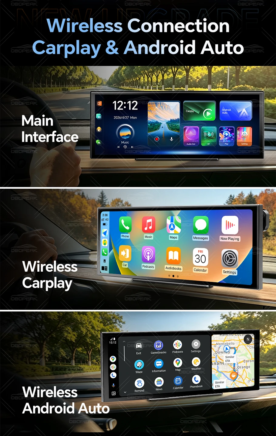 OBDPEAK K9 Max 12,3 Zoll 4K Dashcam Kabelloses CarPlay & Android Auto GPS-Navigation Touchscreen Auto-DVR-Kamera Videoaufzeichnung – Detail 6