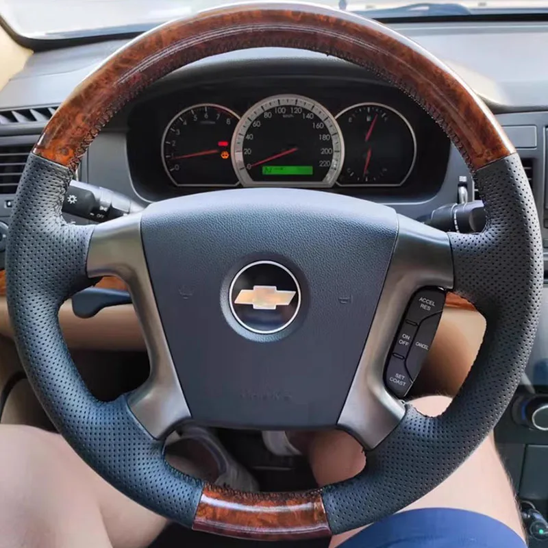 

For Chevrolet Epica 2006-2011 Hand Stitched black Genuine Leather peach wood grain non-slip car Steering Wheel Cover