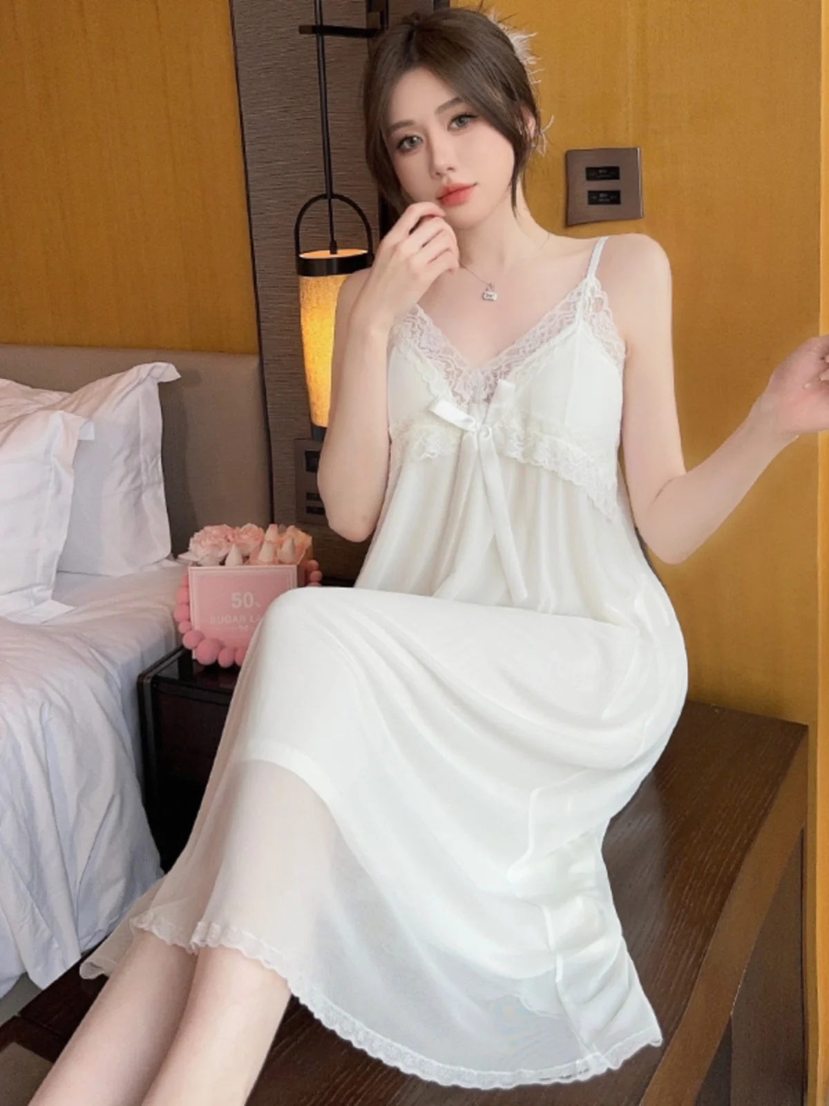 

Pure Cotton Summer Thin Lace Trim V-Ne Sexy Sweet Princ Sle Sp Dr Women's Che Nightgown Mid-Length Skirt