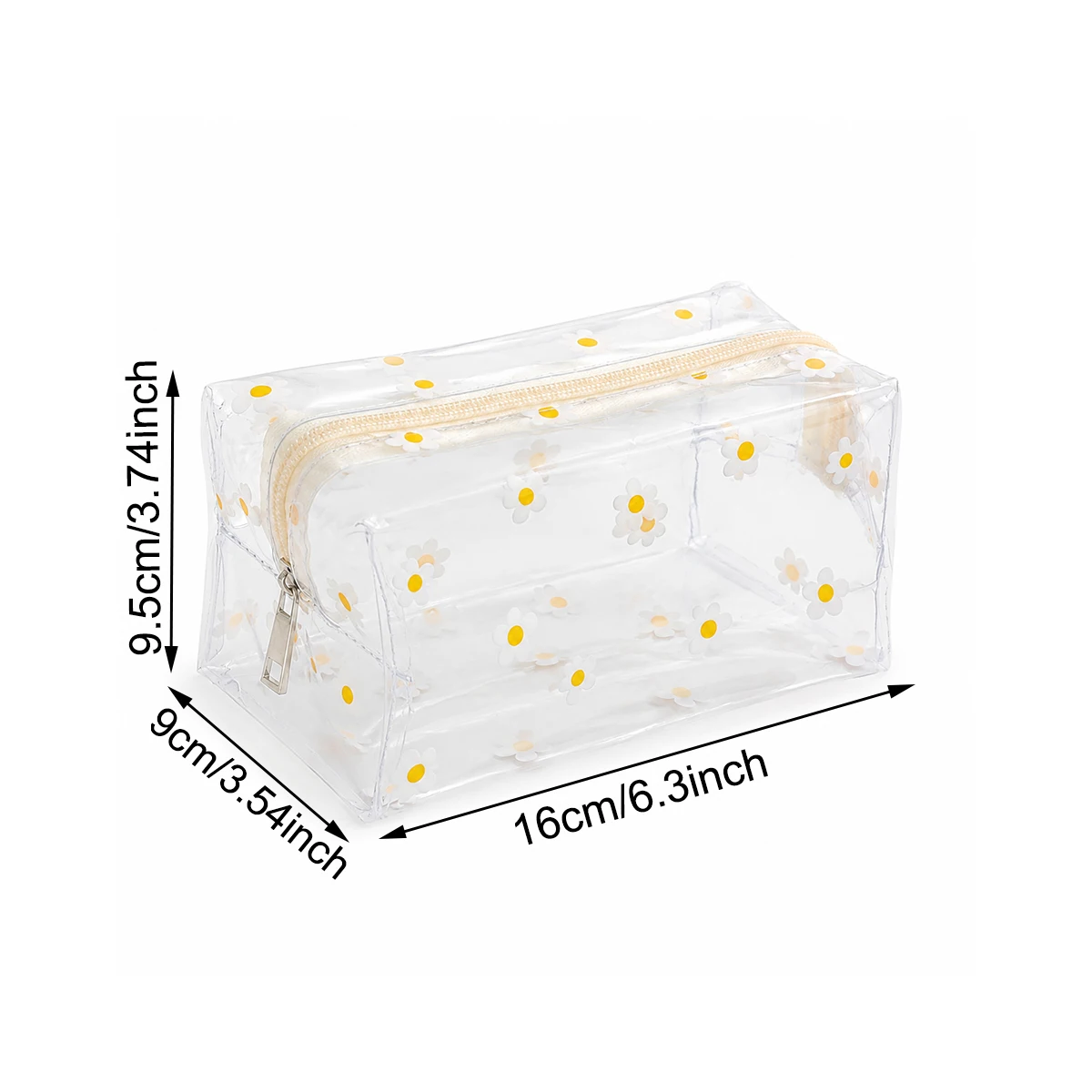 Clear PVC Daisy Print Cosmetic Bag, Waterproof Zippered Travel Toiletry Organizer Pouch