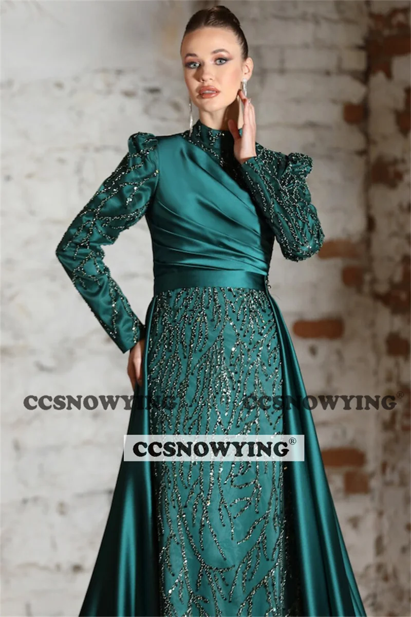 Satin Appliques Beaded Long Sleeve Muslim Evening Dresses High Neck Hijab Formal Party Gown Arabic Dubai Robe De Soiree