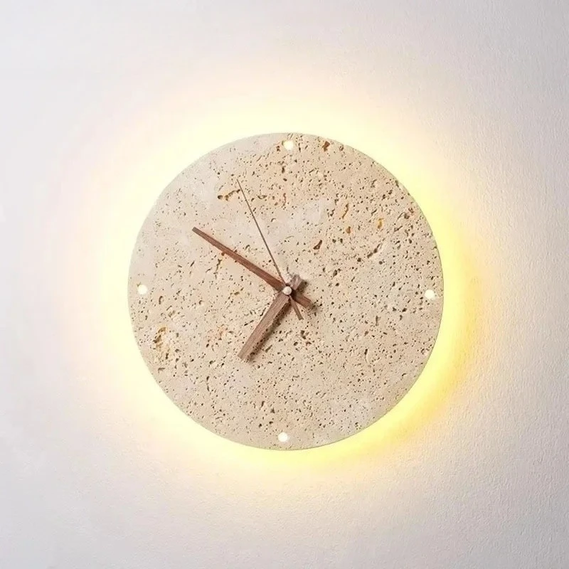 Wabi-Sabi Yellow Travertine Wall Light, Round Shape Natural Stone Clock for Interior Living Room Bedroom Home-Application