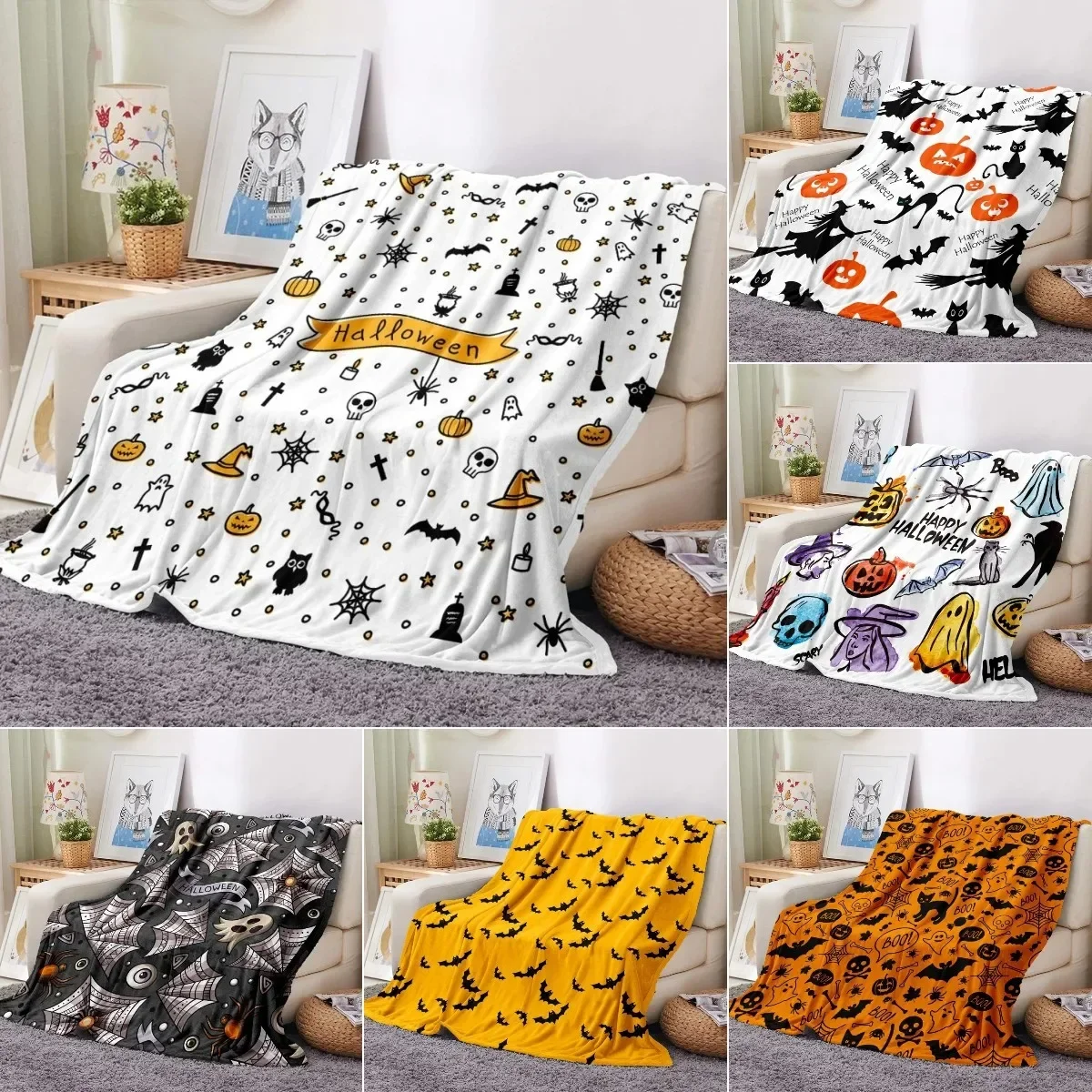 

Halloween Bat Pumpkin Lantern Hat Pattern Fleece Flannel Throw Blanket Soft Warm Lightweight for Boys Girls Festival Gift King