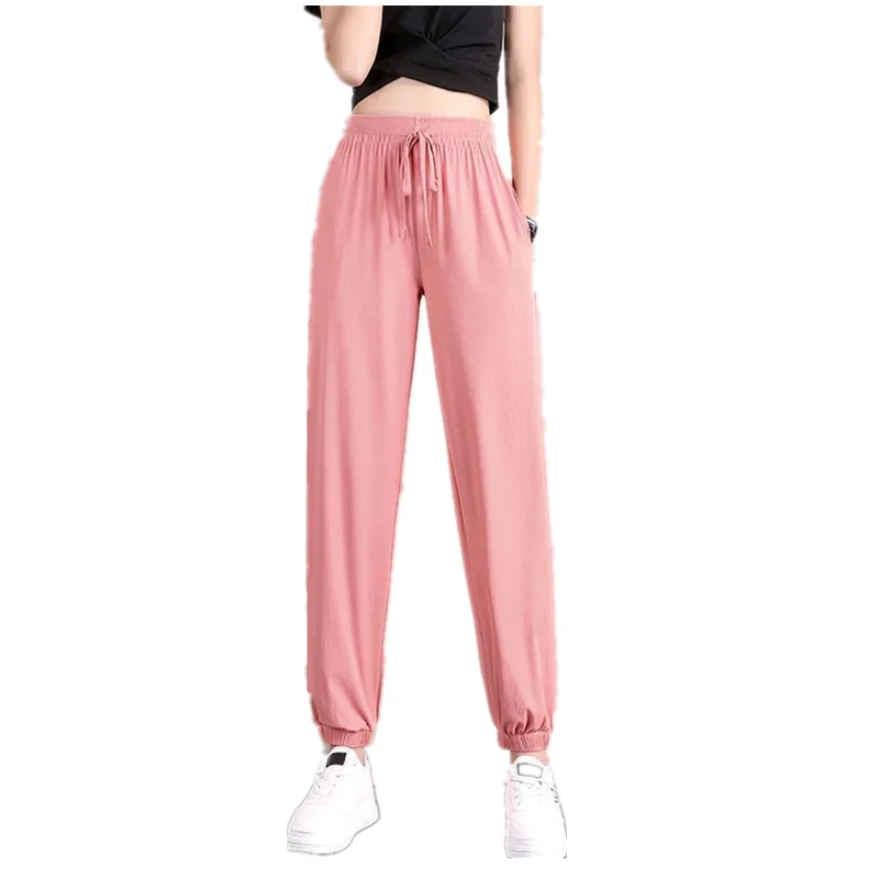 Pantaloni sportivi casual sottili con risvolto allentato in seta di ghiaccio Pantaloni Harlan a vita alta da donna Coreano Sle Pendolarismo Sle ket Nove punti