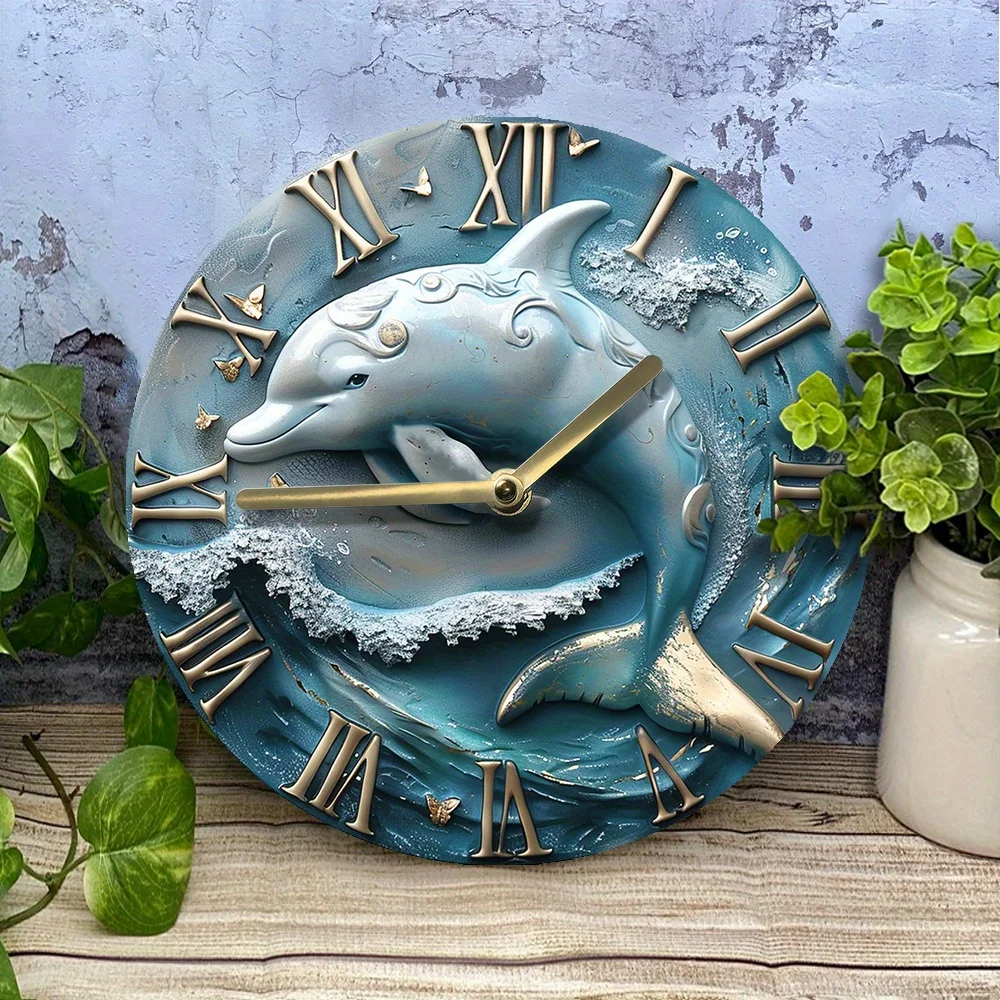 Elegant Dolphin-Themed Silent Wall Clock -Aluminum, Ideal for Bedroom Decor & Thanksgiving Gifts Wall Clock Modern Design