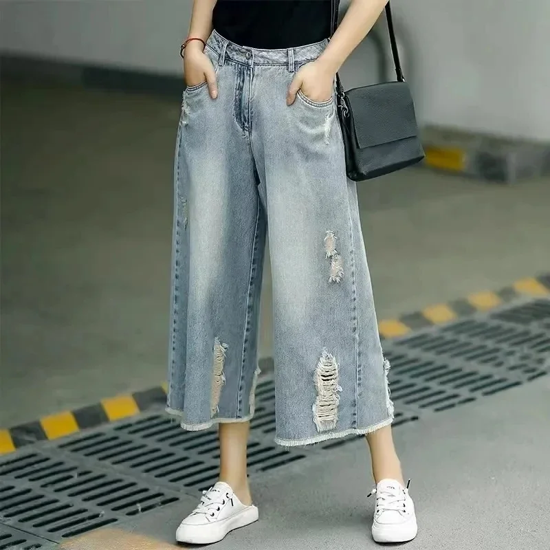 2024 Summer Women Hole Jeans Retro Style High Waisted Ladies Cowboy Pants Loose Leisure Lady Seven Points Denim Wide-Leg Pants