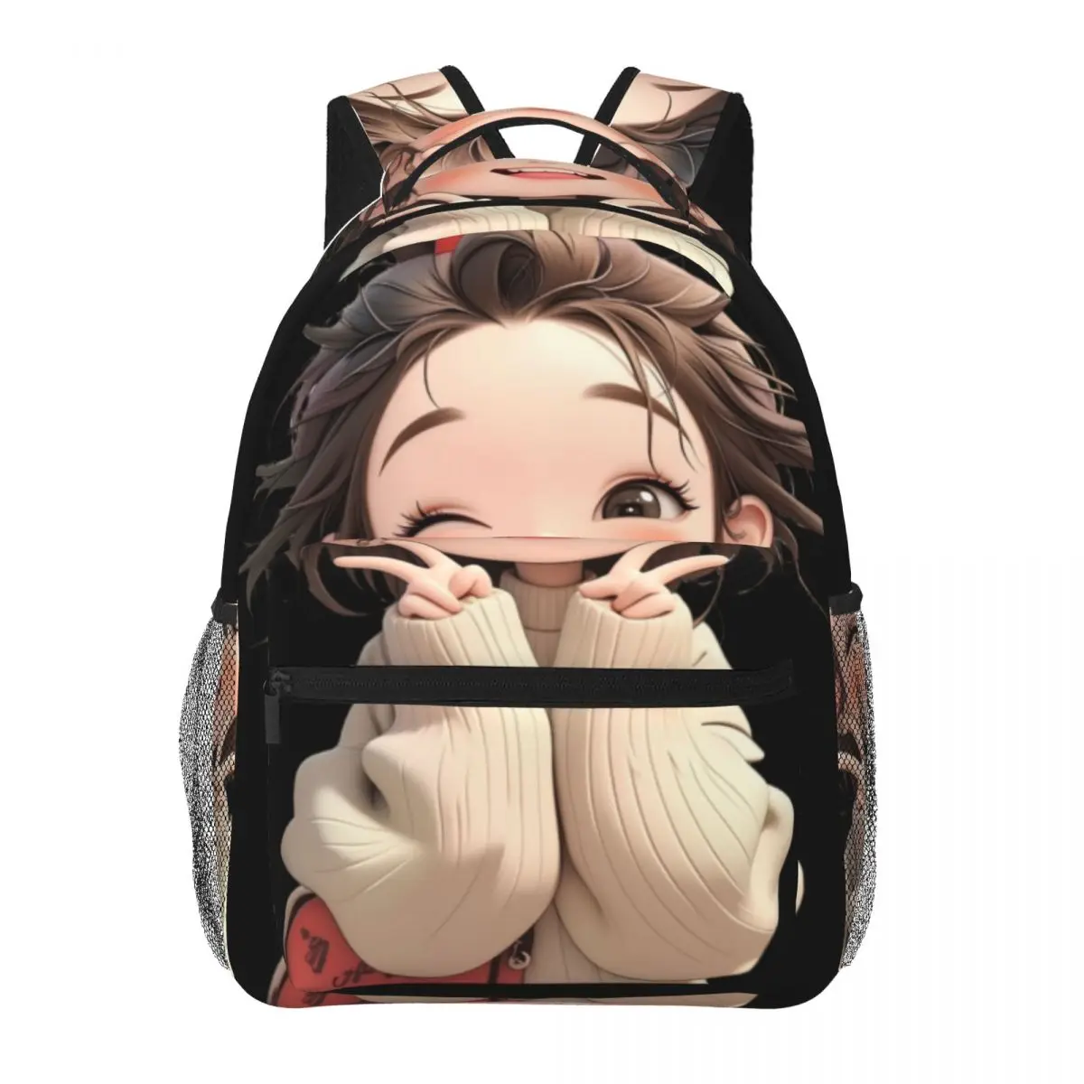 Print Student Backpack Center Chibi Girl Peace Sweater 3D Kawaii Cartoon Cream Brown Red Casual Daypack for School Daily College