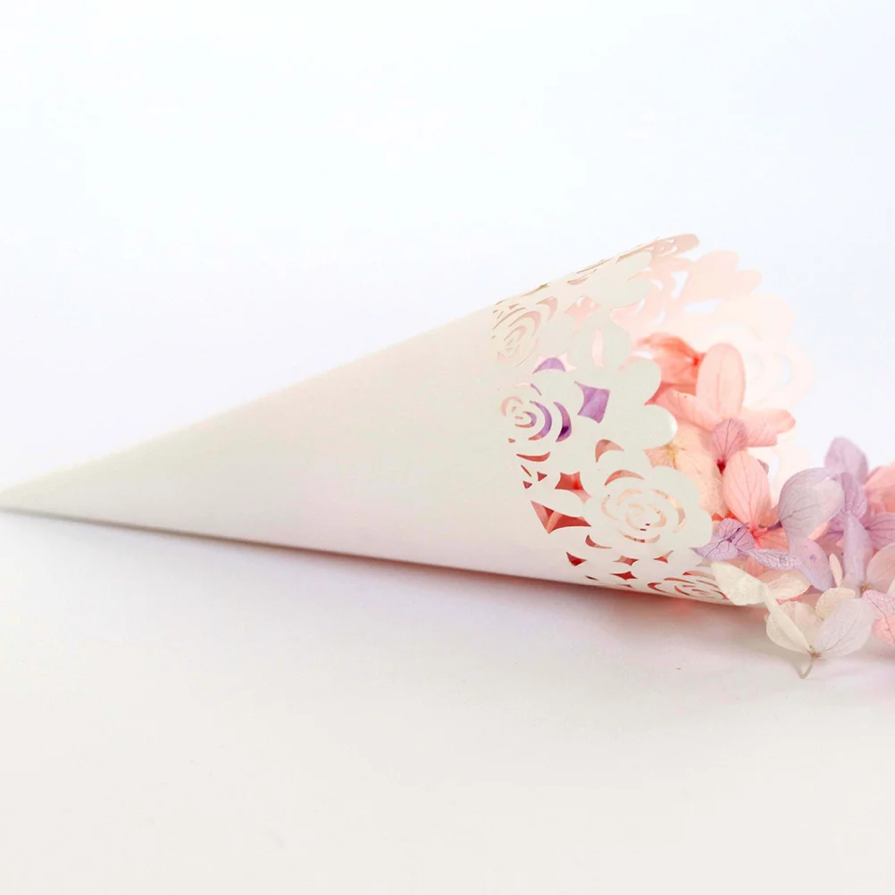 50pcs Hollow out Rose Pattern Dried Flower Cone Wrappers DIY Lace Paper Small Bouquet Packaging Flowers Wrapping Tube (White)