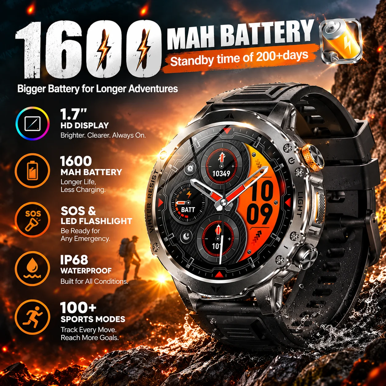 LIGE New 1600mAh Big Battery Smart Watches 1.7” HD Display IP68 Waterproof SOS & LED Flashlight Outdoors Compass Smartwatch Men