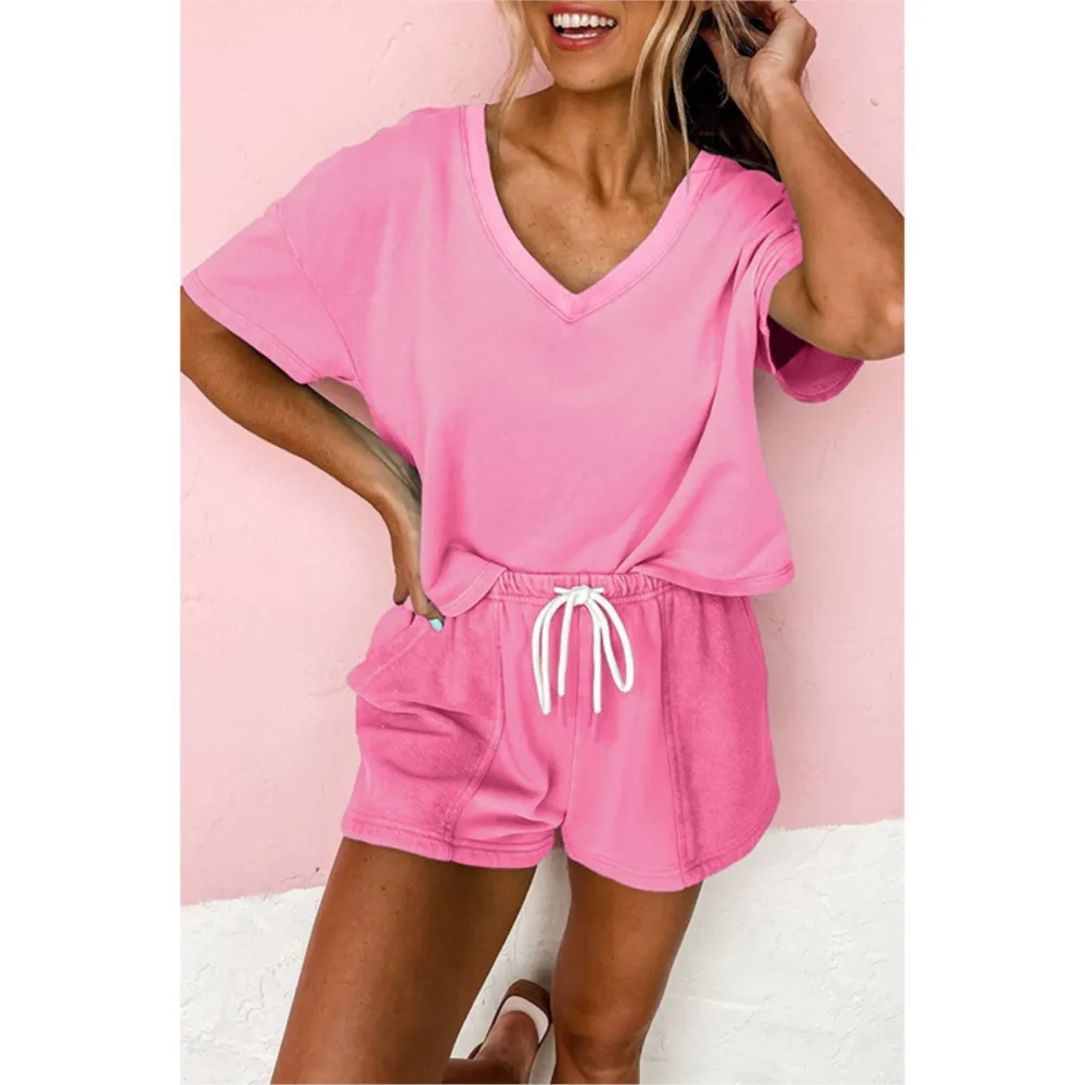 Verão nova cor sólida de manga curta t camisa shorts feminino 2 peça conjunto moda versátil solto e lisonjeiro shorts esportivos feminino