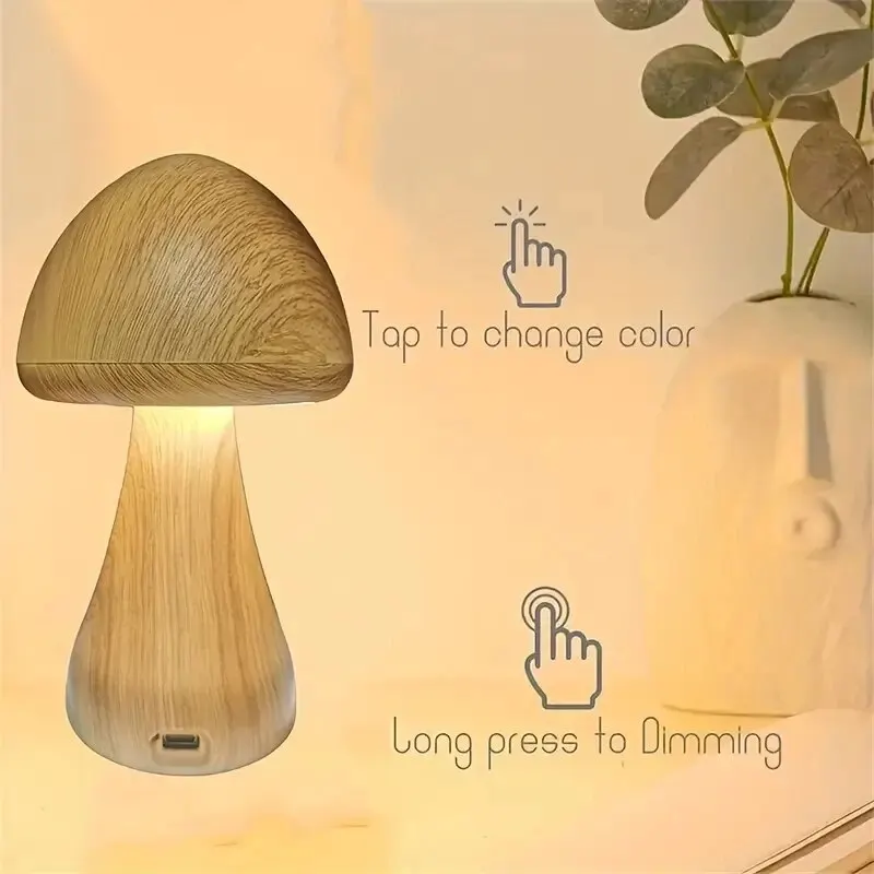 LED Night Light With Touch Switch Wooden Cute Mushroom Bedside Table Lamp For Bedroom Childrens Room Sleeping Night Lamps