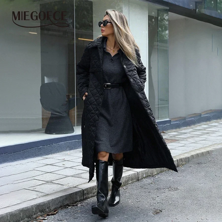 MIEGOFCE женское пальто, весенне-осенняя однотонная офисная универсальная парка с лацканами и присборенной талией, куртка с длинным поясом и ромбовидной спинкой M25002