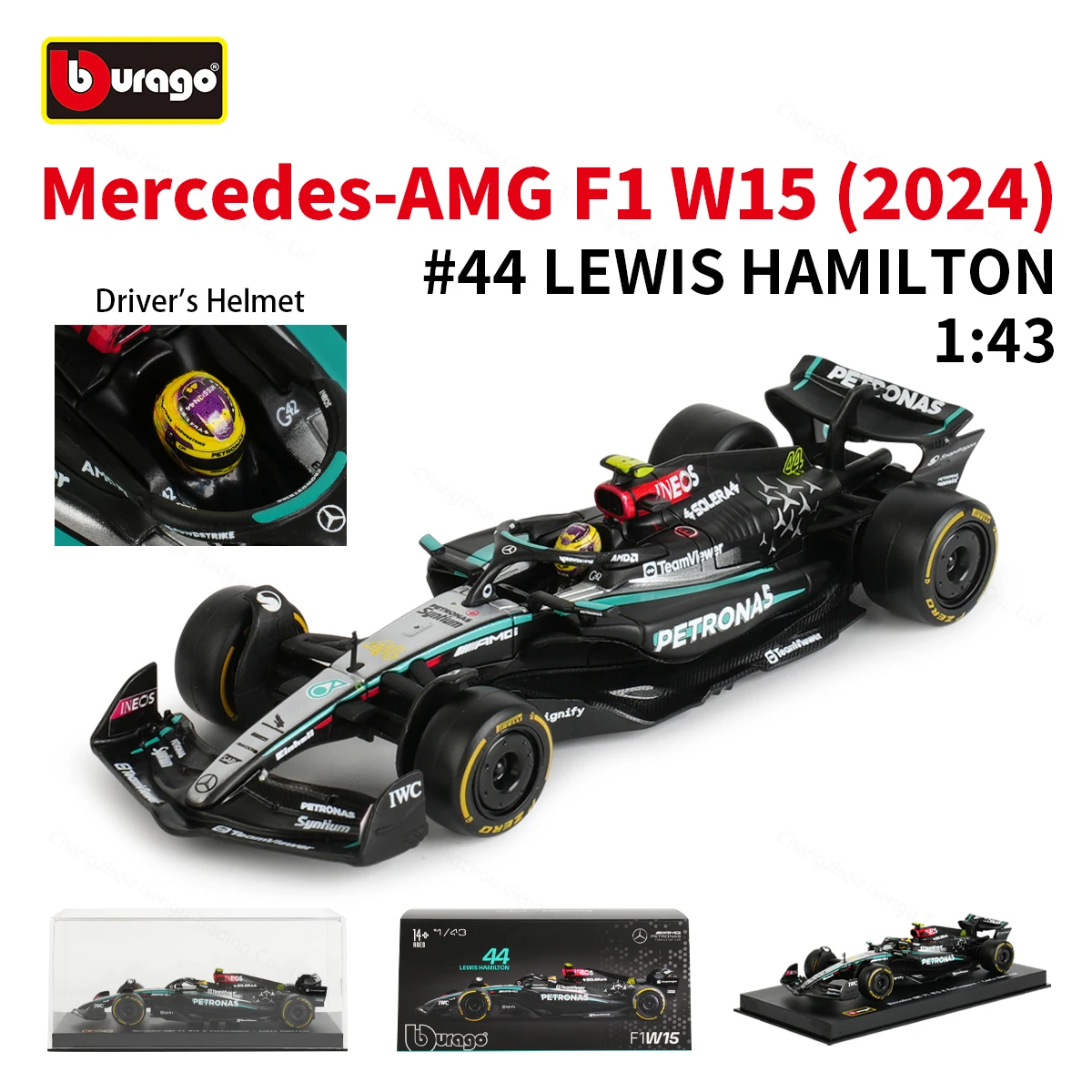 Bburago 1:43 Mercedes AMG 2024 W15 E Performance Static จําลอง Diecast รุ่น F1 Racing สูตรรถกล่องอะคริลิค